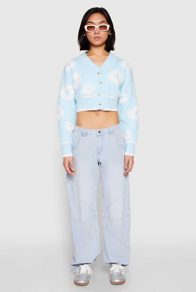 Womens Daisy Chenille Floral Cropped Cardigan, L