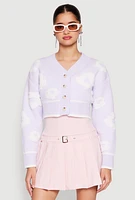 Womens Daisy Chenille Floral Cropped Cardigan, Purple,