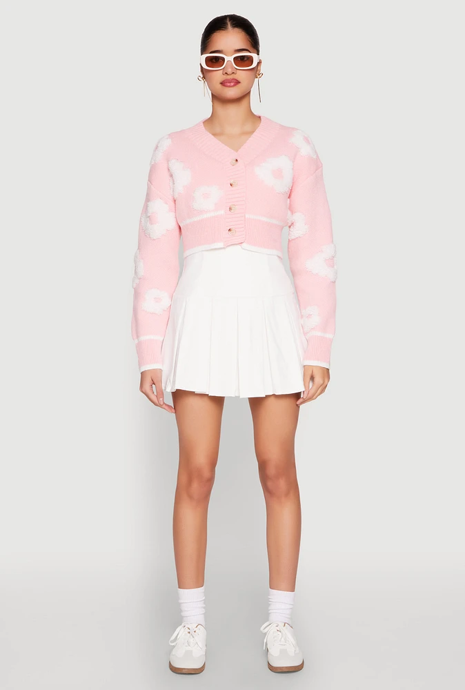 Womens Daisy Chenille Floral Cropped Cardigan, Pink, Size S
