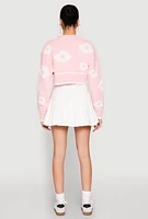 Womens Daisy Chenille Floral Cropped Cardigan, Pink, Size S