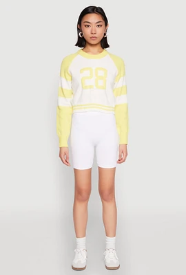 Womens Daisy 28 Varsity Stripe Graphic Sweater, Yellow, Size M