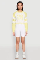 Womens Daisy 28 Varsity Stripe Graphic Sweater, Yellow, Size M