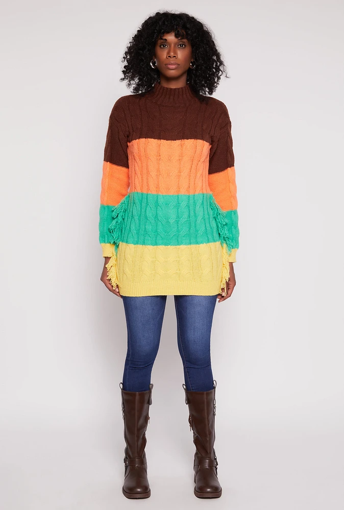 Womens Daisy Cable Knit Fringe Side Tunic Sweater, Multi, Size M