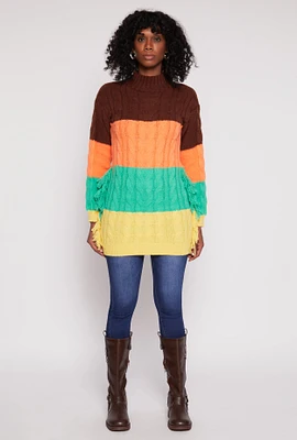 Womens Daisy Cable Knit Fringe Side Tunic Sweater, Multi, Size L