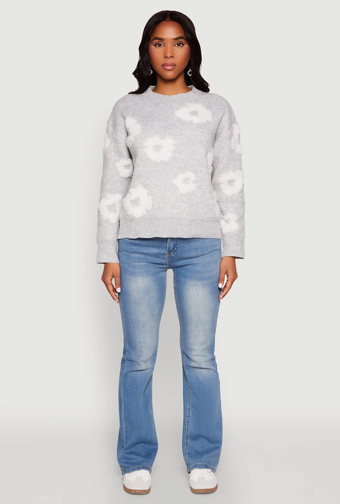 Womens Daisy Flower Tufted Knit Sweater,