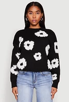 Womens Daisy Flower Tufted Knit Sweater,