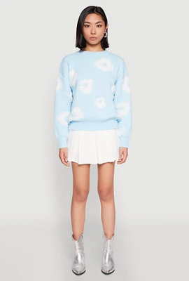 Womens Daisy Flower Tufted Knit Sweater, Blue, Size M