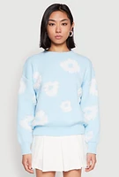 Womens Daisy Flower Tufted Knit Sweater, Blue, Size M