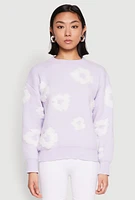 Womens Daisy Flower Tufted Knit Sweater, Purple, Size L