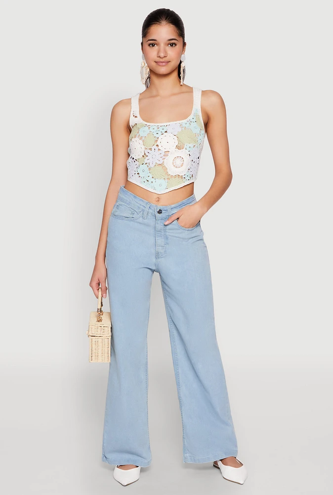 Womens Square Neck Crochet Crop Top, Multi, Size S