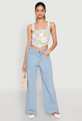 Womens Square Neck Crochet Crop Top, Multi, Size S