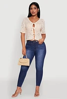 Womens Chic Crochet Tie Front V-Neck Cropped Cardigan, Beige, Size S
