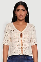 Womens Chic Crochet Tie Front V-Neck Cropped Cardigan, Beige, Size S