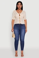 Womens Chic Crochet Tie Front V-Neck Cropped Cardigan, Beige, Size S