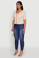 Womens Chic Crochet Tie Front V-Neck Cropped Cardigan, Beige, Size S