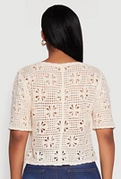 Womens Chic Crochet Tie Front V-Neck Cropped Cardigan, Beige, Size S