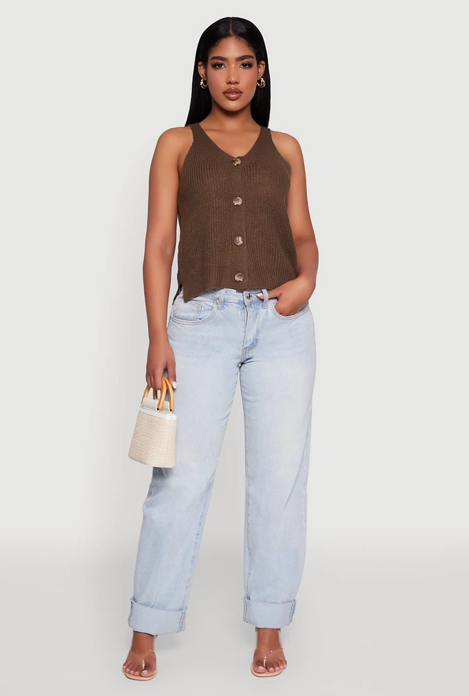 Womens Chic Knit V Neck Button Front Sleeveless Sweater Vest, Brown, Size S