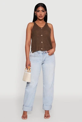 Womens Chic Knit V Neck Button Front Sleeveless Sweater Vest, Brown, Size S