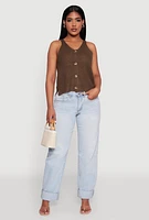 Womens Chic Knit V Neck Button Front Sleeveless Sweater Vest, Brown, Size S