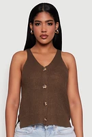 Womens Chic Knit V Neck Button Front Sleeveless Sweater Vest, Brown, Size S