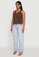 Womens Chic Knit V Neck Button Front Sleeveless Sweater Vest, Brown, Size S