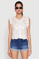 Womens Scallop Trim Crochet Shirt, White, Size S
