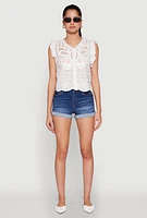 Womens Scallop Trim Crochet Shirt, White, Size S