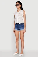 Womens Scallop Trim Crochet Shirt, White, Size S