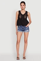 Womens Crochet Eyelet Half Button Tank Top, Black, Size L