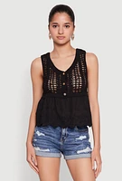 Womens Crochet Eyelet Half Button Tank Top, Black, Size L