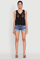 Womens Crochet Eyelet Half Button Tank Top, Black, Size L