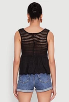 Womens Crochet Eyelet Half Button Tank Top, Black, Size L