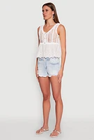Womens Crochet Eyelet Half Button Tank Top, White, Size S