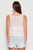 Womens Crochet Eyelet Half Button Tank Top, White, Size S