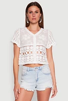 Womens Floral Crochet Button Front Top, White, Size M