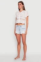 Womens Floral Crochet Button Front Top, White, Size M