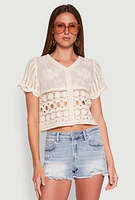 Womens Floral Crochet Button Front Top, Beige, Size L