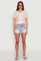 Womens Floral Crochet Button Front Top, Beige, Size L