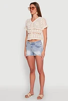 Womens Floral Crochet Button Front Top, Beige, Size L