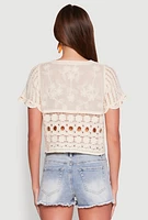 Womens Floral Crochet Button Front Top,