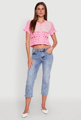 Womens Floral Crochet Button Front Top,