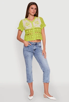 Womens Floral Crochet Button Front Top,