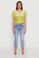Womens Floral Crochet Button Front Top,