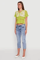 Womens Floral Crochet Button Front Top,