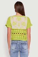 Womens Floral Crochet Button Front Top,