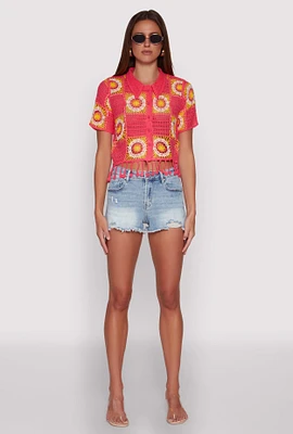 Womens Color Block Fringe Patchwork Crochet Top, Pink,