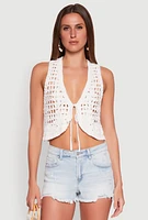 Womens Crochet Floral Tie Front Vest, White, Size S