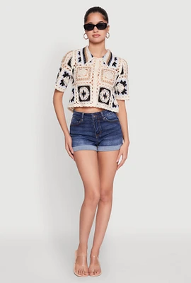 Womens Color Block Patchwork Crochet Crop Top, Multi, Size S