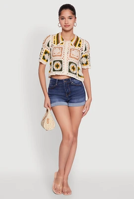 Womens Color Block Patchwork Crochet Crop Top,