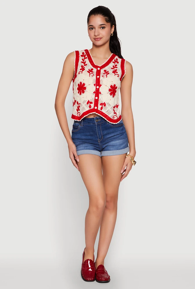 Womens Floral Pattern Crochet Vest, Red, Size S